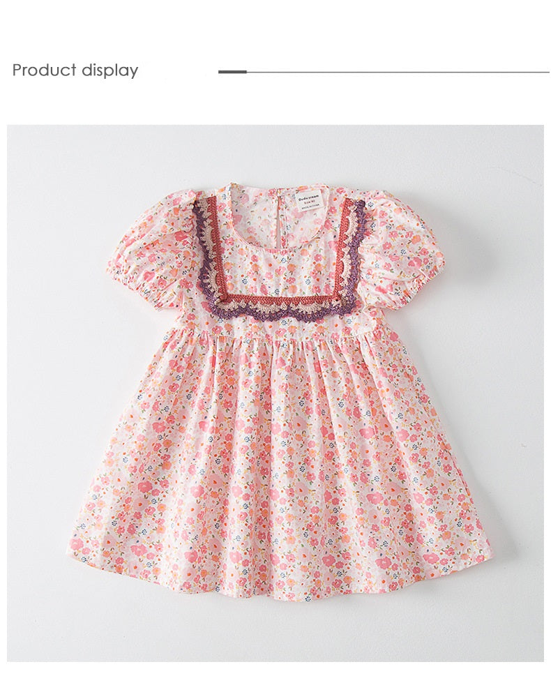 Girls Floral lace puff Dress - Pink