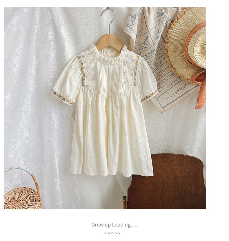 French st Flower embroidered Shirring Dress - White