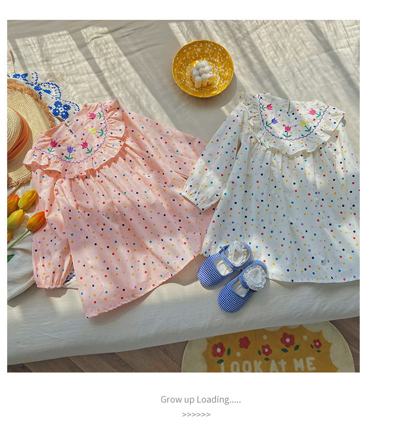 Rose Embroidered dot dress - white