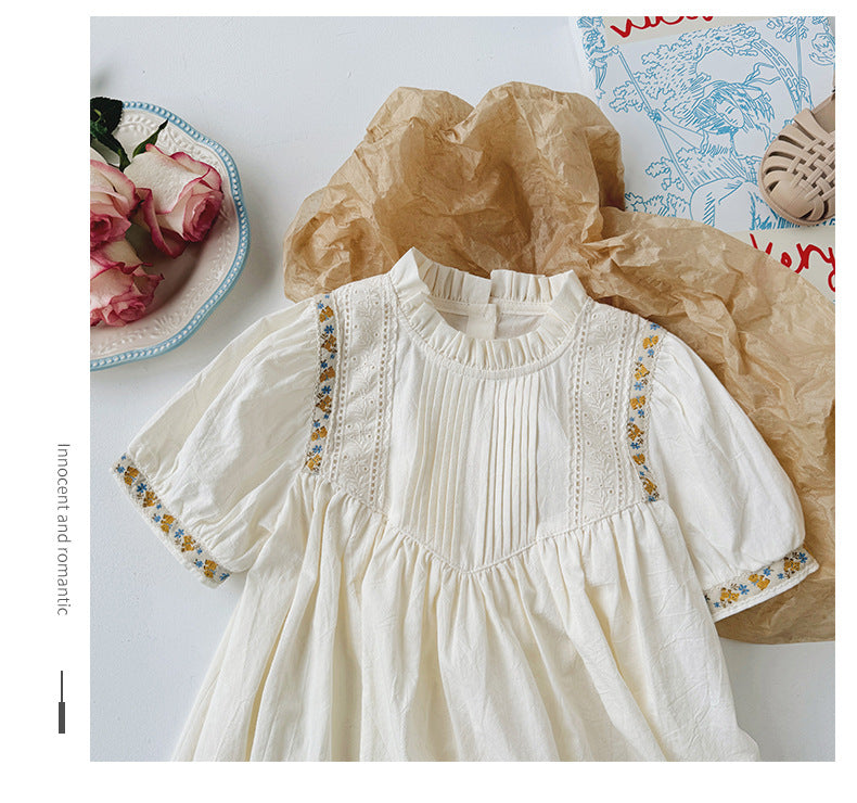 French st Flower embroidered Shirring Dress - White