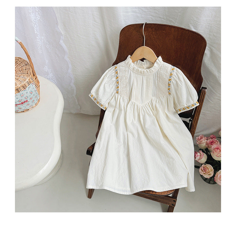 French st Flower embroidered Shirring Dress - White