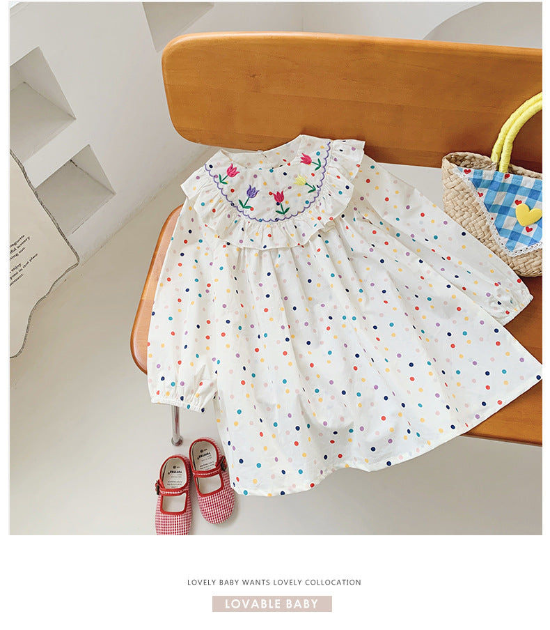 Rose Embroidered dot dress - white