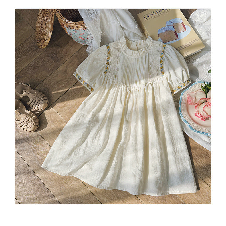 French st Flower embroidered Shirring Dress - White