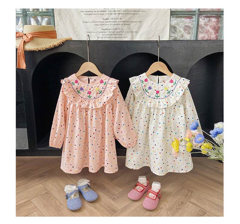 Rose Embroidered dot dress - white