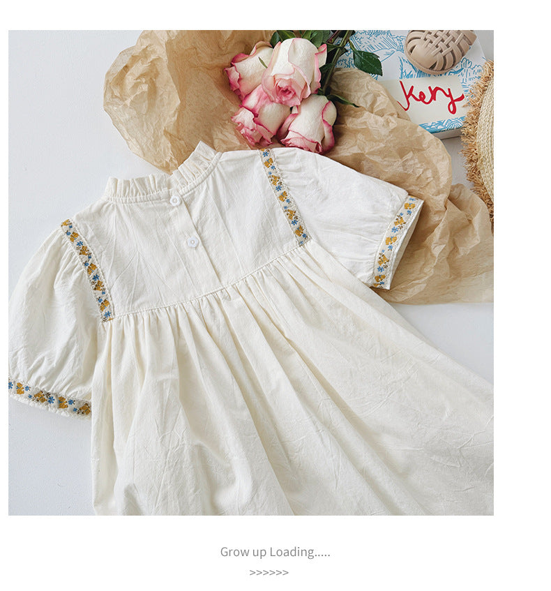 French st Flower embroidered Shirring Dress - White