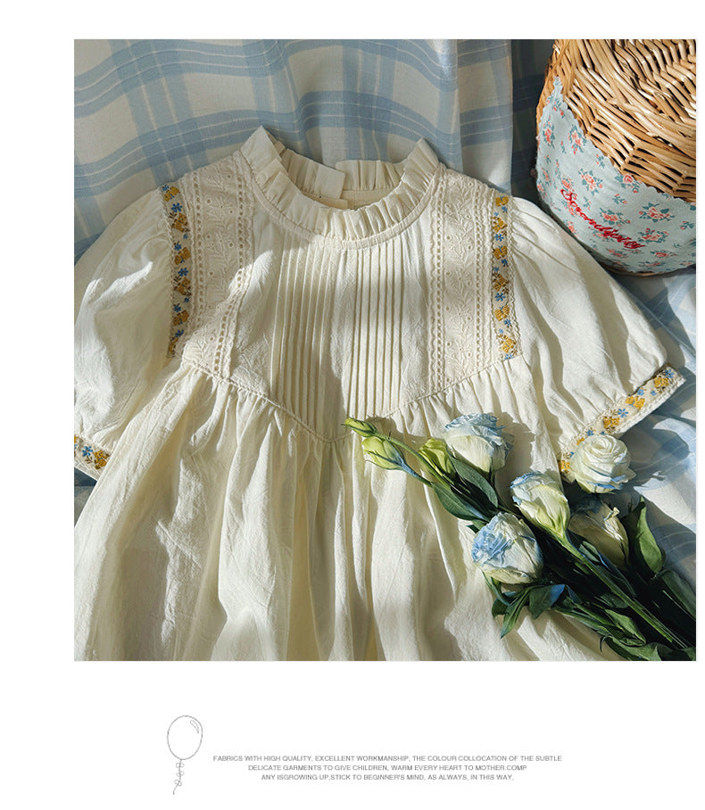 French st Flower embroidered Shirring Dress - White