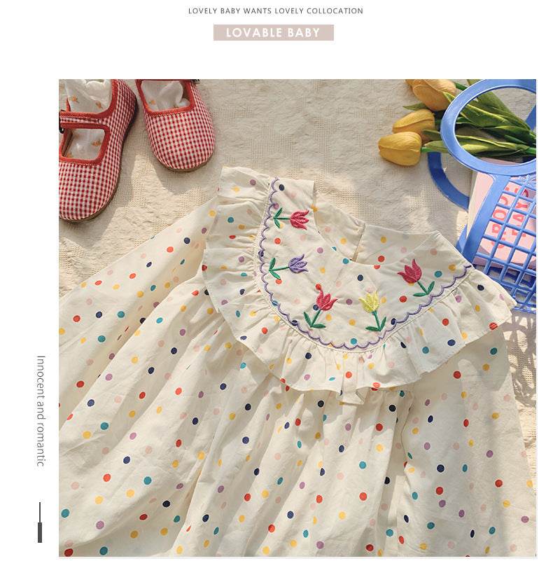 Rose Embroidered dot dress - white