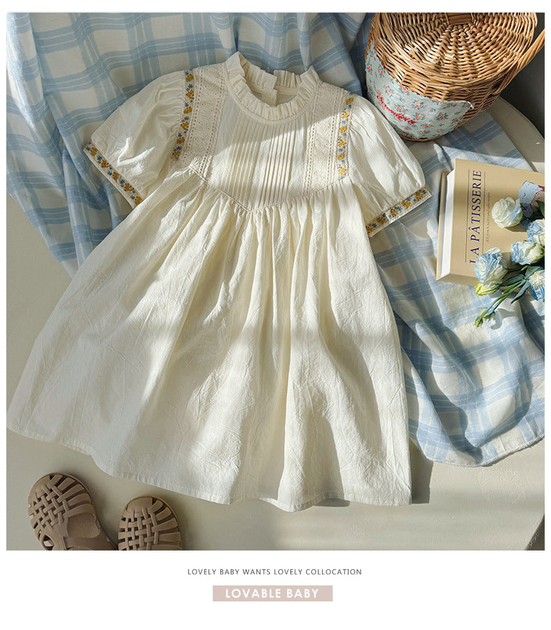 French st Flower embroidered Shirring Dress - White