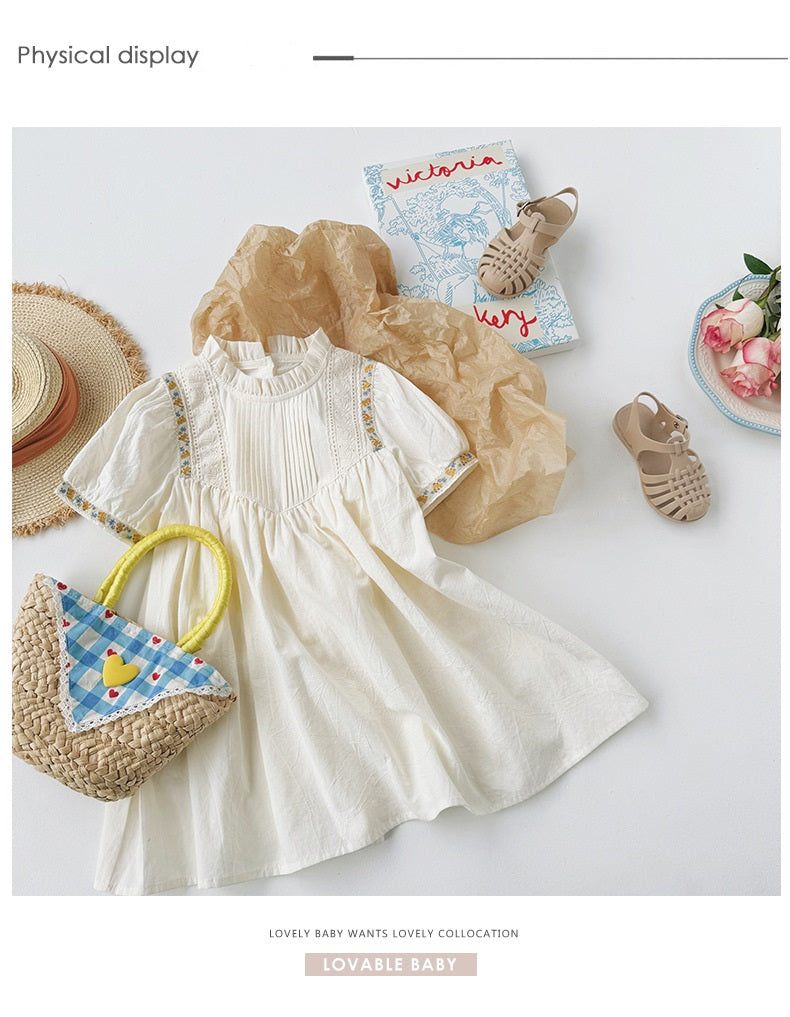 French st Flower embroidered Shirring Dress - White