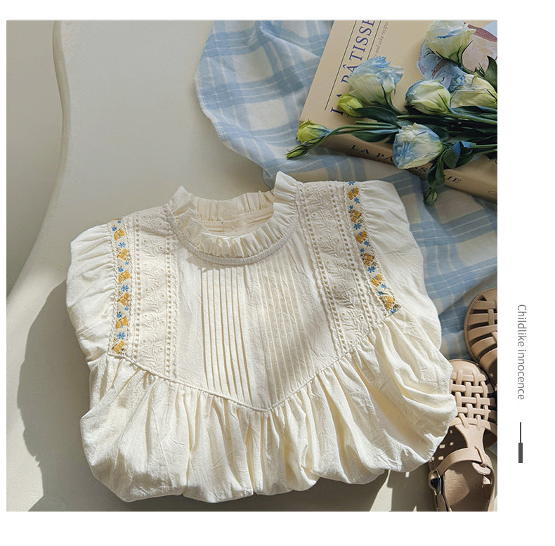 French st Flower embroidered Shirring Dress - White