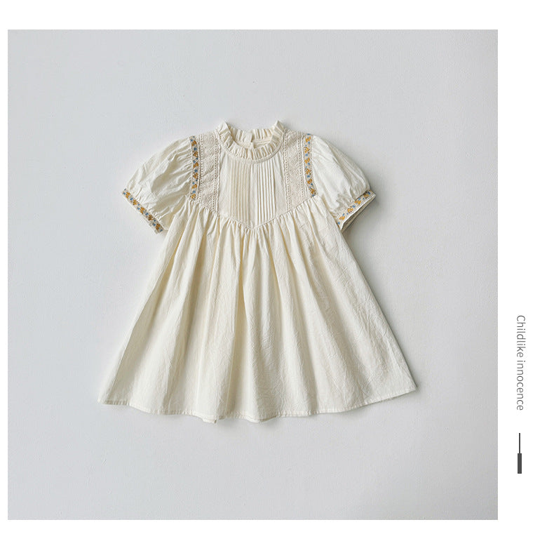 French st Flower embroidered Shirring Dress - White