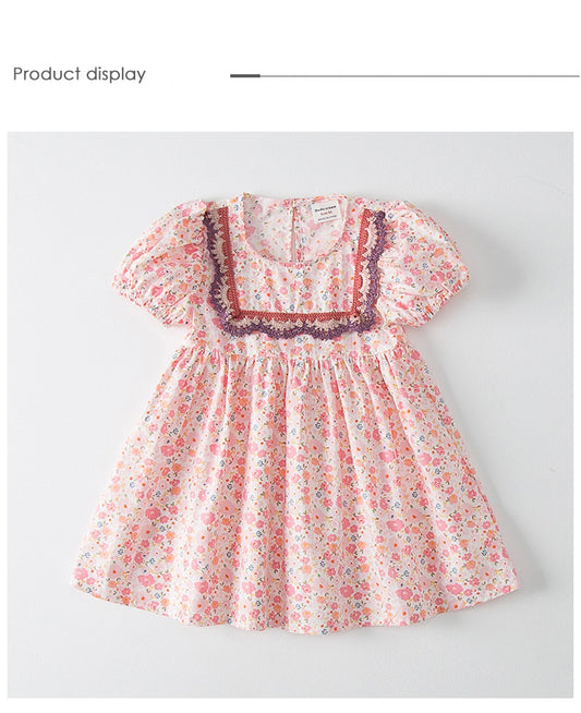 Girls Floral lace puff Dress - Pink