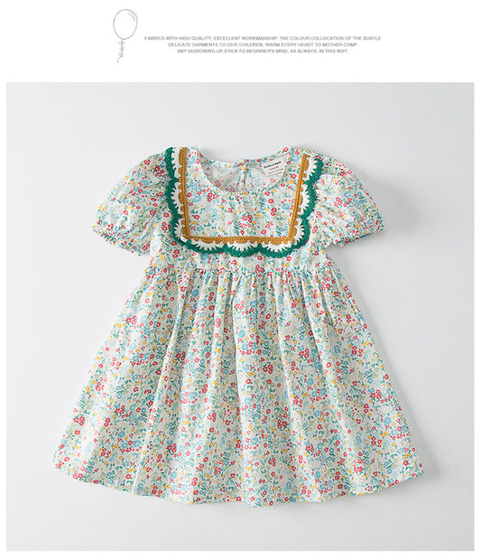 Girls Floral lace puff Dress -Green