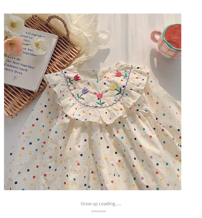 Rose Embroidered dot dress - white
