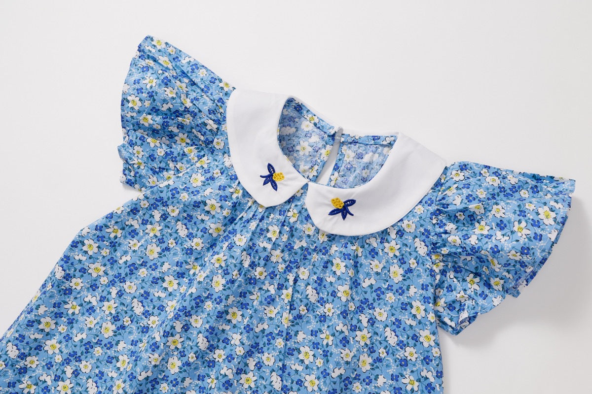 Cosmos print Girls Dress - Blue