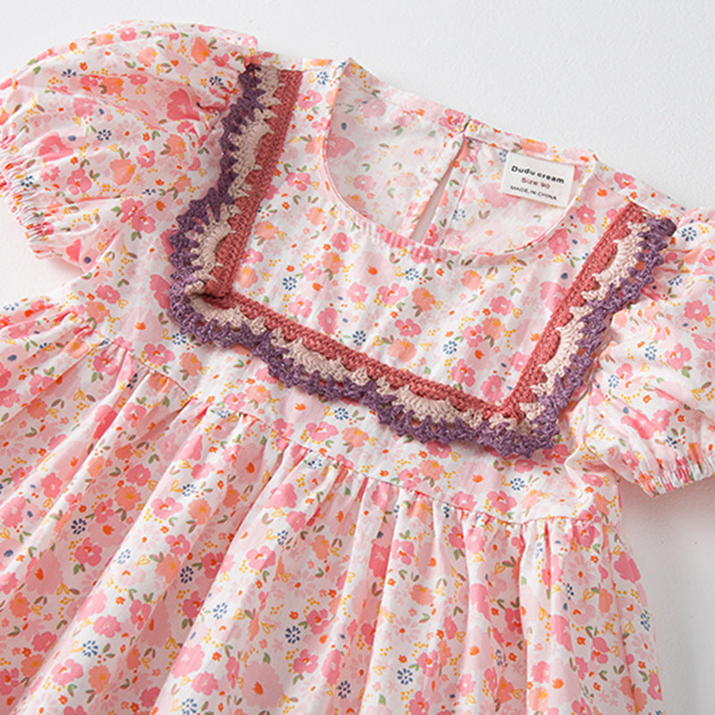 Girls Floral lace puff Dress - Pink