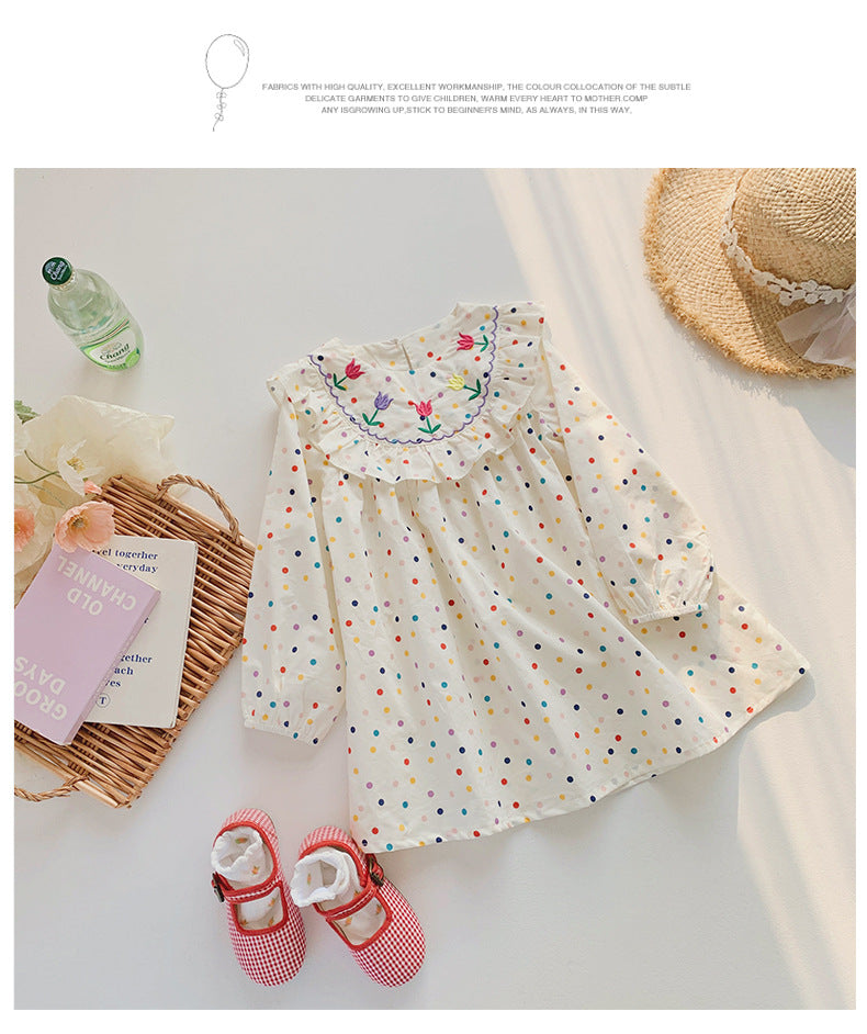 Rose Embroidered dot dress - white